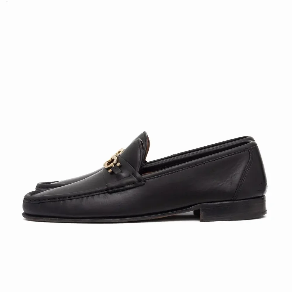 950$ SALVATORE FERRAGAMO Black Leather Gold Gancini Bit Loafers US 10.5 D